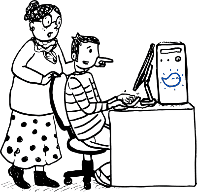 Dessin d'une personne expliquant une installation de Paheko